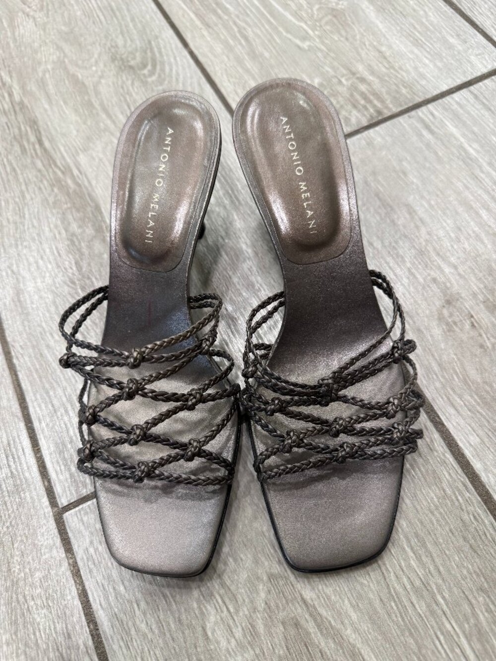 Antonio Melani Metallic Bronze Braided Strap Kitten Heel Mules Size 8